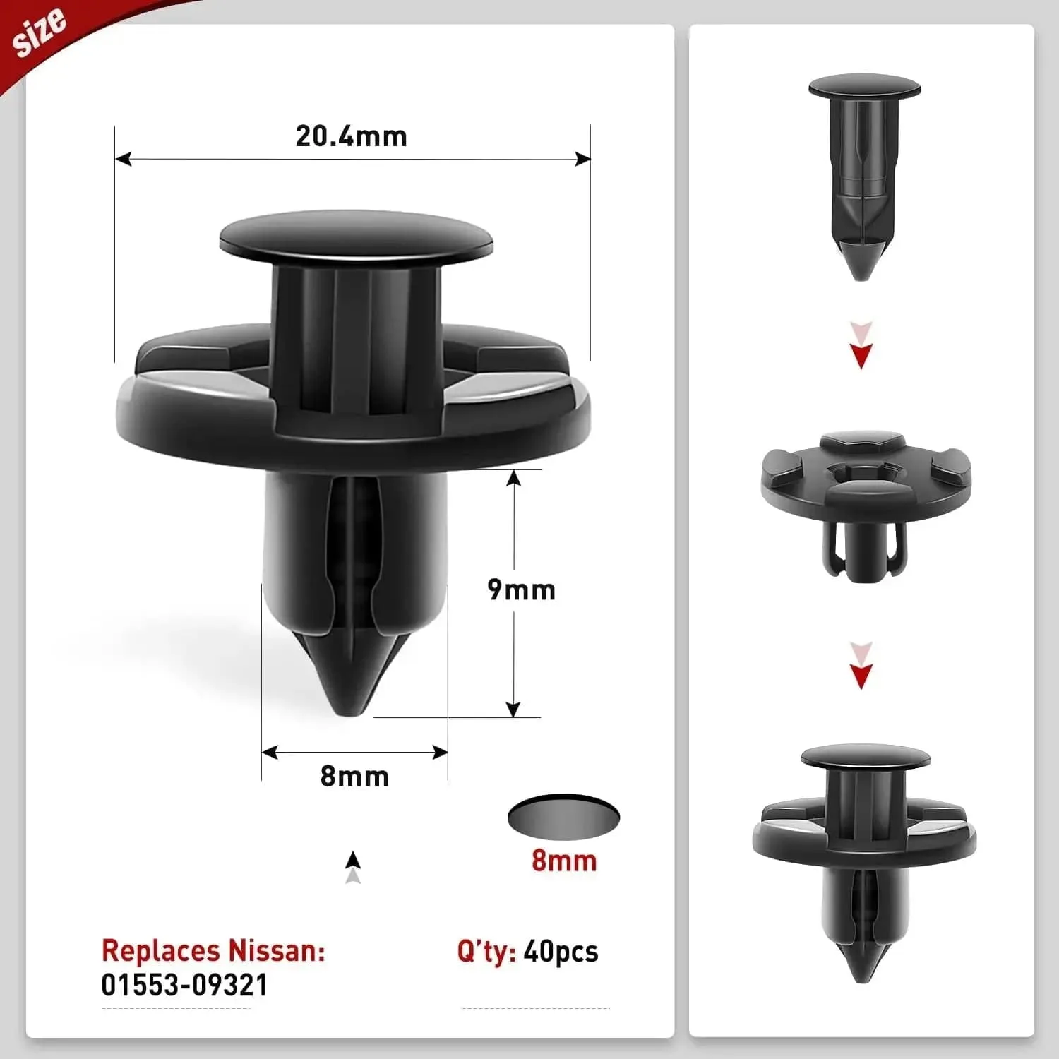 40 Pcs Head 20mm Hole 8mm Bumper Rivet Fender Clips OEM Replaces Nissan 01553-09321 8mm Hole