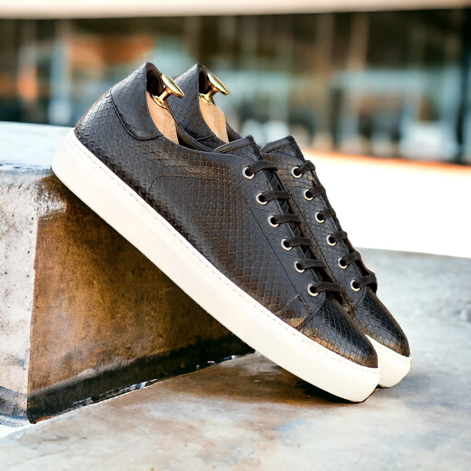 Ambrogio Bespoke Men's Shoes Black Exotic Python Trainer Sneakers (AMB2485)