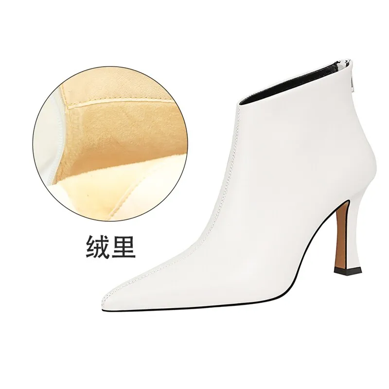 Amozae-Women 8.5cm High Heels Pumps Pointed Toe Ankle Boots   Nightclub Fashion Boots Leather Party Kitten Heels White Shoes