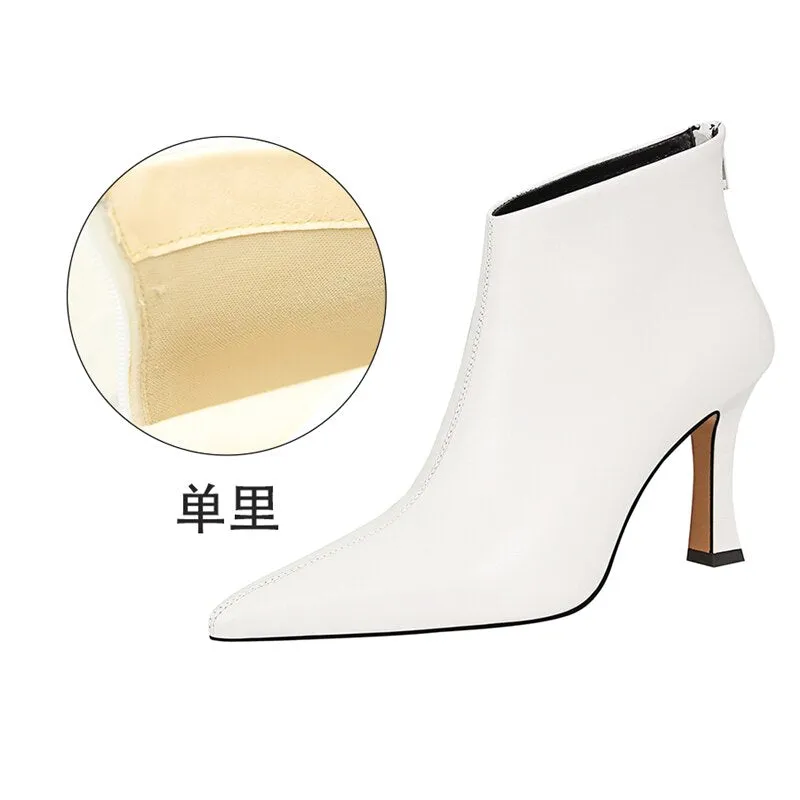 Amozae-Women 8.5cm High Heels Pumps Pointed Toe Ankle Boots   Nightclub Fashion Boots Leather Party Kitten Heels White Shoes