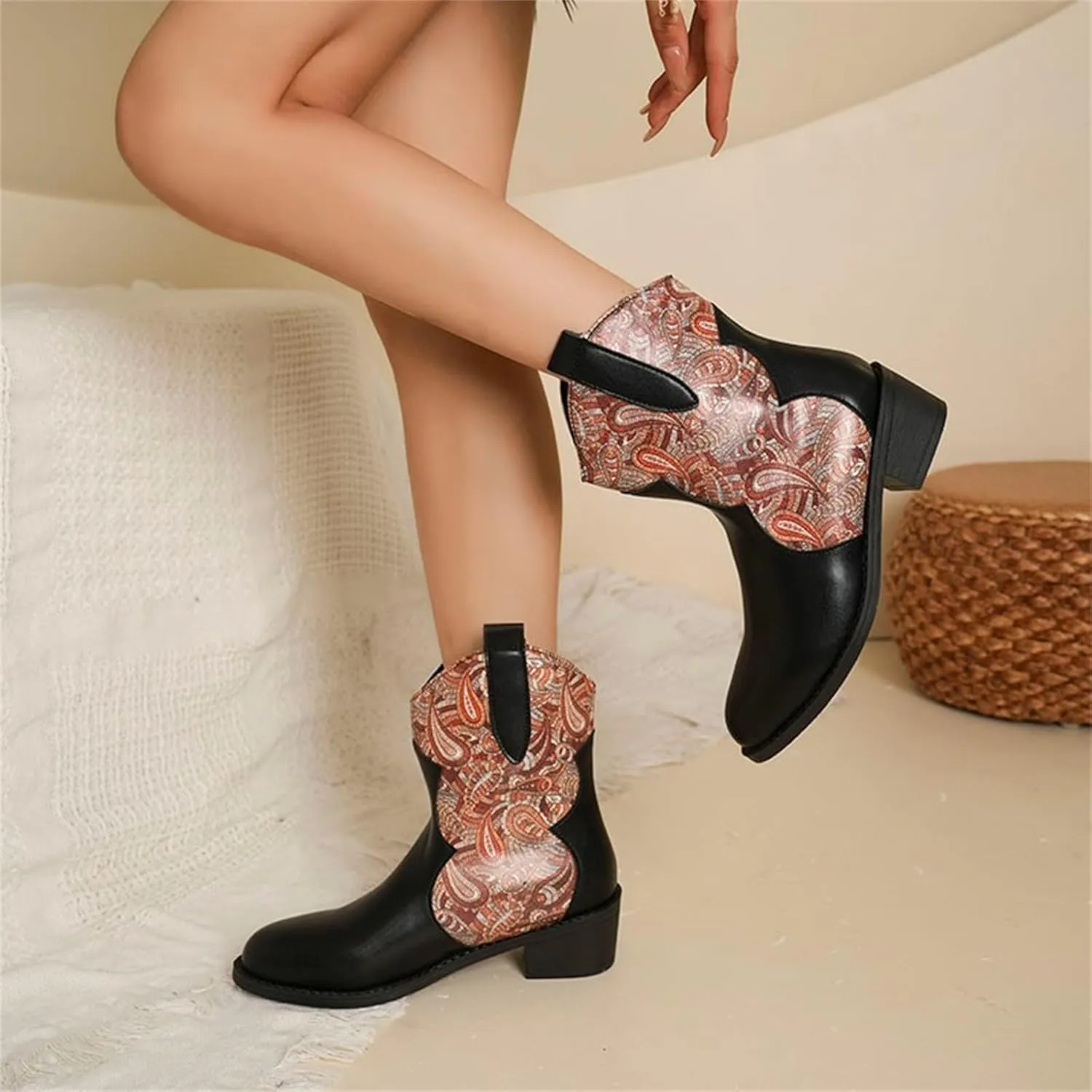 Ankle Cowboy Boots for Women Botas Mujer Heels Boots Leather Wedge Boots for Women Mens Black Round toe Ankle High Western Boots Wide Width Dress Booties for Women Plus Size