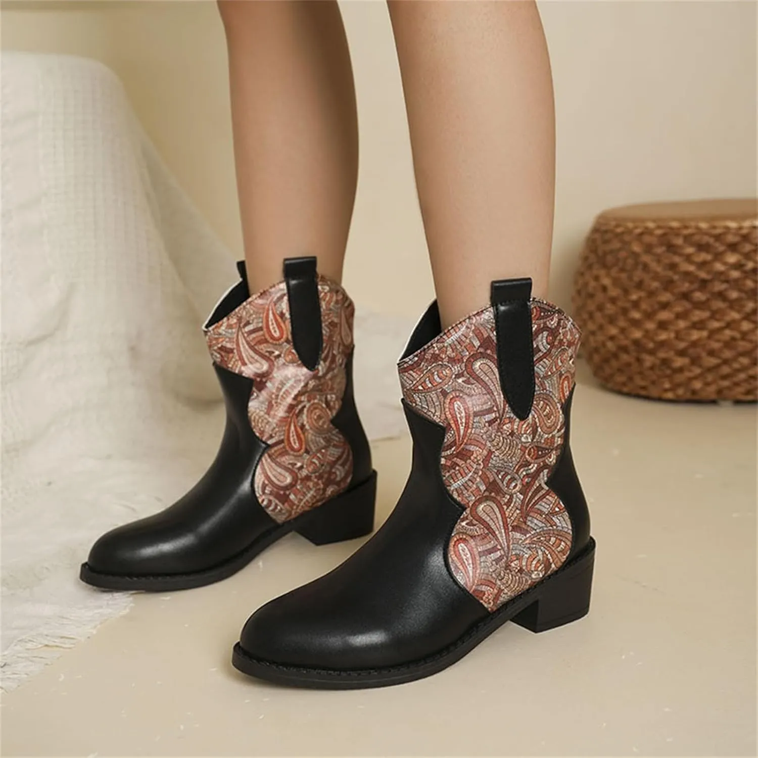 Ankle Cowboy Boots for Women Botas Mujer Heels Boots Leather Wedge Boots for Women Mens Black Round toe Ankle High Western Boots Wide Width Dress Booties for Women Plus Size
