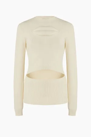 A.W.A.K.E Mode Knit Top with Front Cut Out and Lip Appliqué - Ivory
