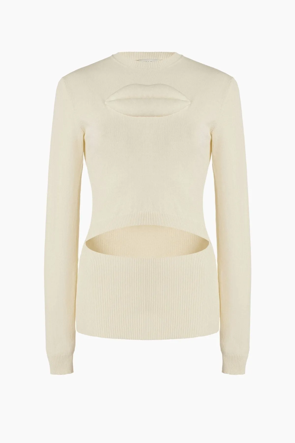 A.W.A.K.E Mode Knit Top with Front Cut Out and Lip Appliqué - Ivory
