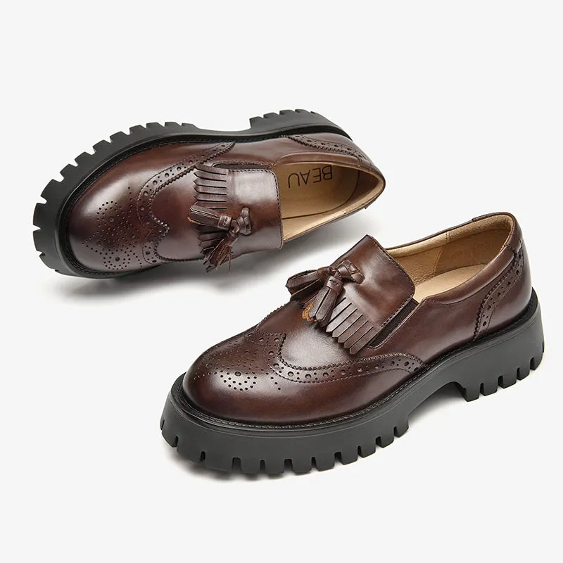 BeauToday Platform Brogue Loafers for Women with Tassel Decor