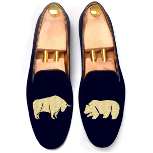 Blue Velvet Bull v/s Bear Embroidered Loafers