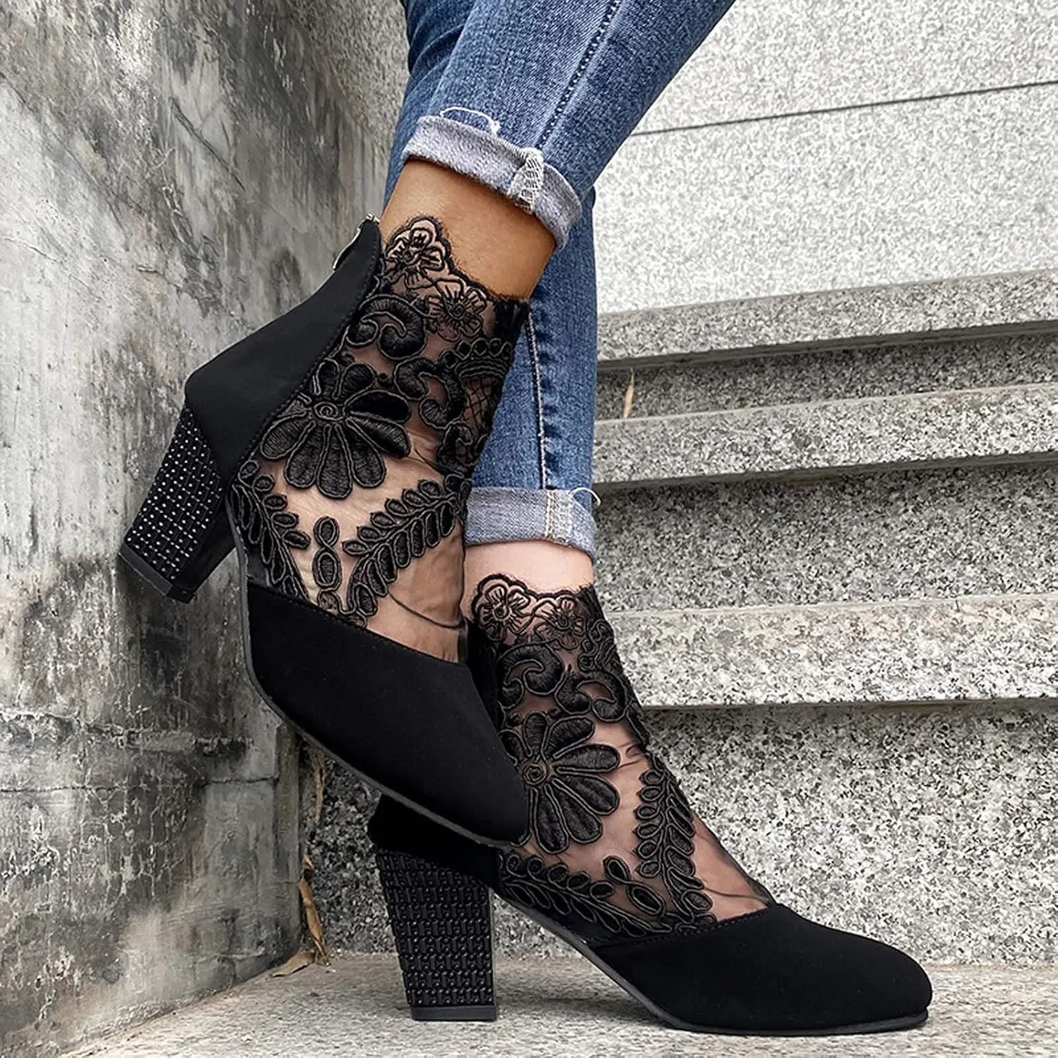 Boots for Women Low Heel Ankle Bootie Winter Lace up Low Stacked Block Heel Mid Calf Military Combat Boots 52