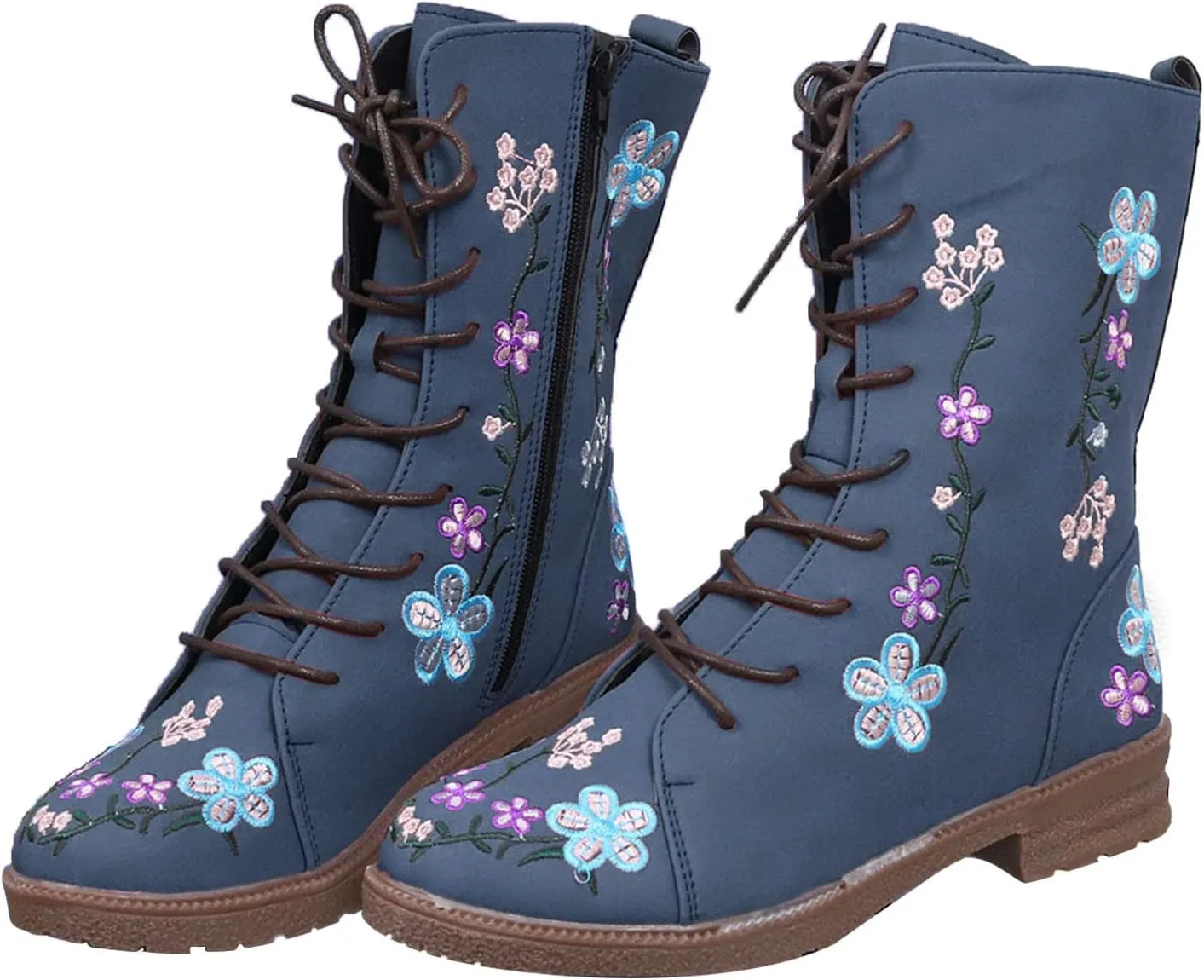 Crzidha Women Combat Boots,Stylish Floral Embroidery Hiking Riding Boots Round Toe Low Heel Long Strappy Lace Up High Top Boots Comfy Winter Walking Daily Work Outdoor Travel Shoes for Women