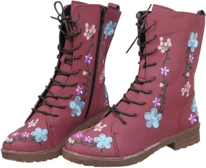 Crzidha Women Combat Boots,Stylish Floral Embroidery Hiking Riding Boots Round Toe Low Heel Long Strappy Lace Up High Top Boots Comfy Winter Walking Daily Work Outdoor Travel Shoes for Women