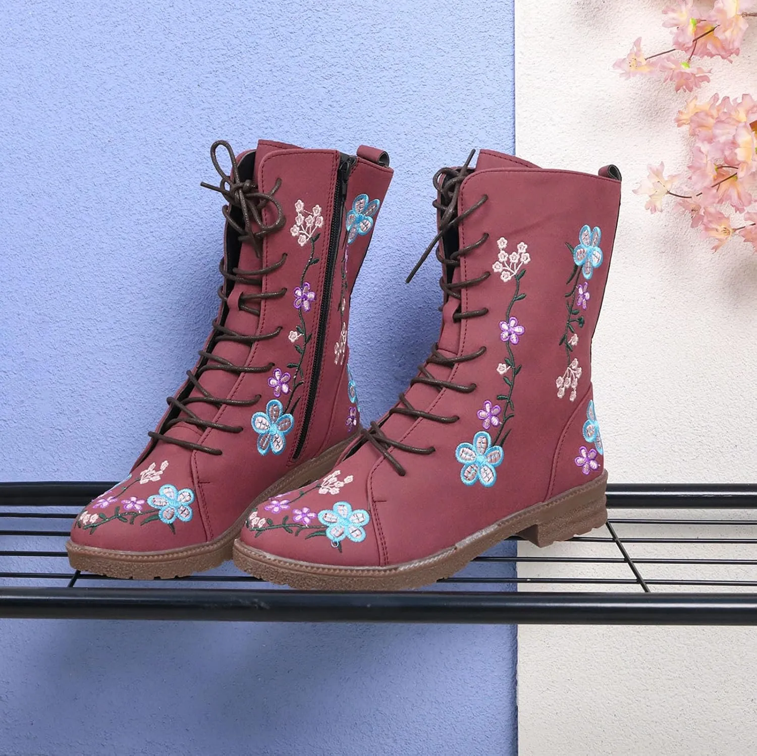 Crzidha Women Combat Boots,Stylish Floral Embroidery Hiking Riding Boots Round Toe Low Heel Long Strappy Lace Up High Top Boots Comfy Winter Walking Daily Work Outdoor Travel Shoes for Women