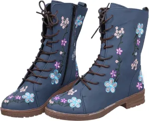 Crzidha Women Combat Boots,Stylish Floral Embroidery Hiking Riding Boots Round Toe Low Heel Long Strappy Lace Up High Top Boots Comfy Winter Walking Daily Work Outdoor Travel Shoes for Women
