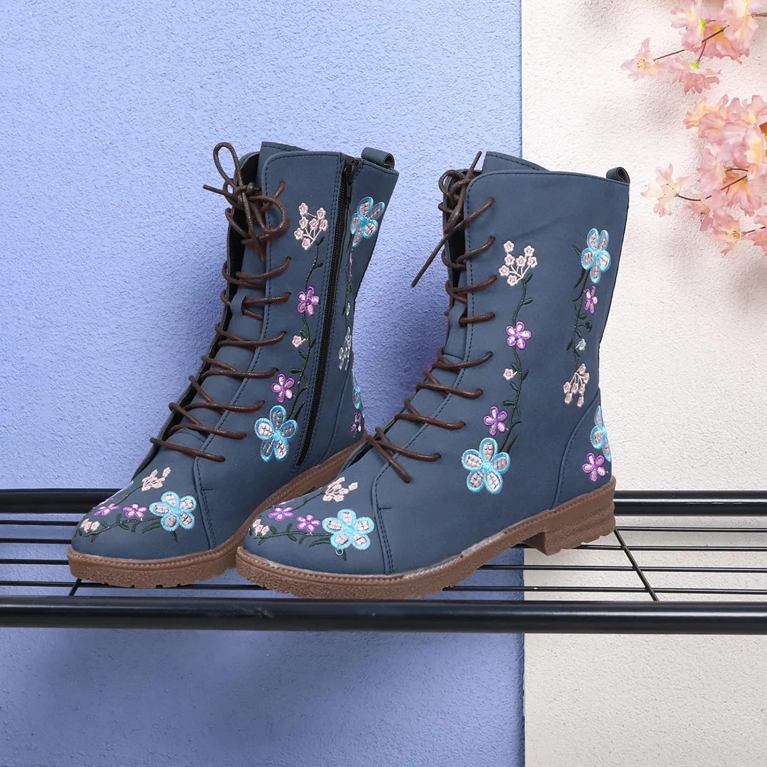 Crzidha Women Combat Boots,Stylish Floral Embroidery Hiking Riding Boots Round Toe Low Heel Long Strappy Lace Up High Top Boots Comfy Winter Walking Daily Work Outdoor Travel Shoes for Women