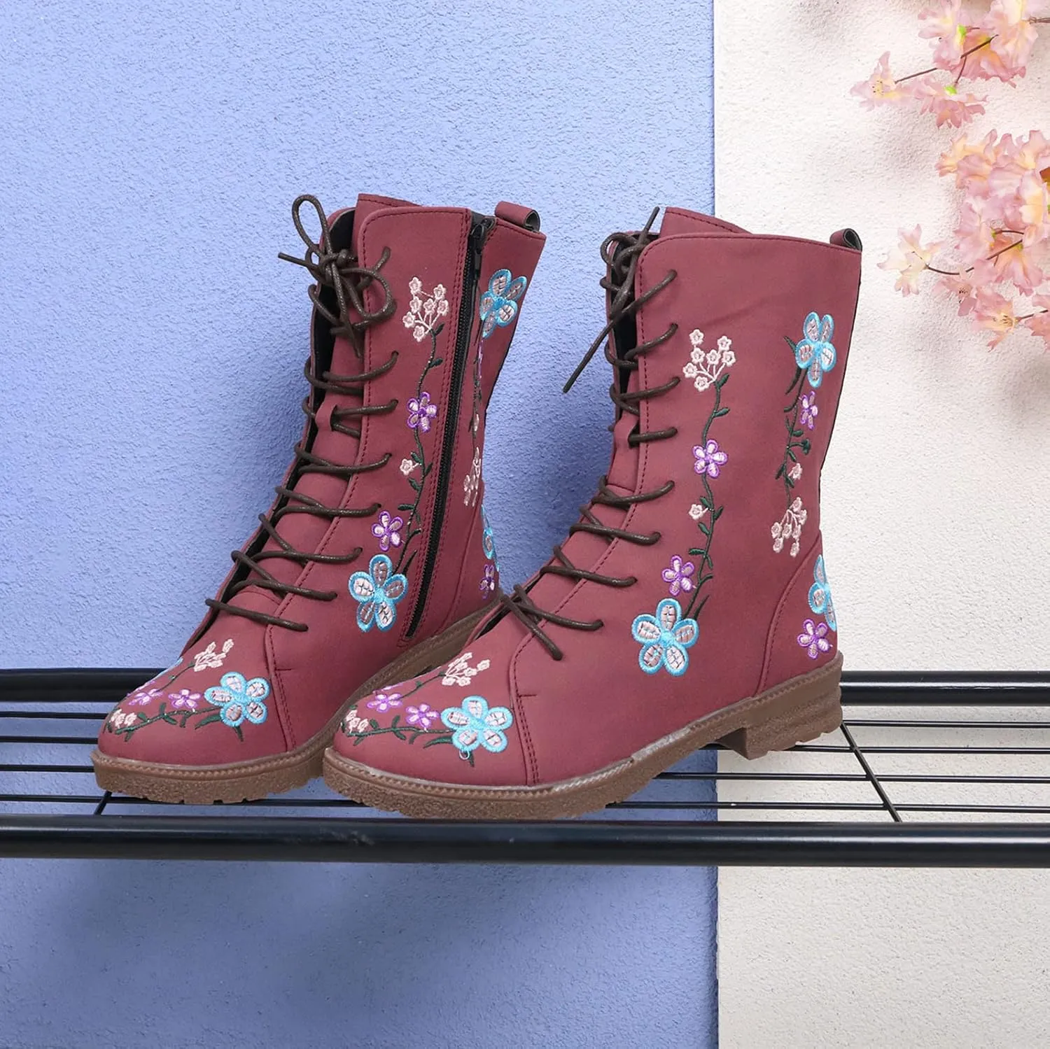 Crzidha Women Combat Boots,Stylish Floral Embroidery Hiking Riding Boots Round Toe Low Heel Long Strappy Lace Up High Top Boots Comfy Winter Walking Daily Work Outdoor Travel Shoes for Women