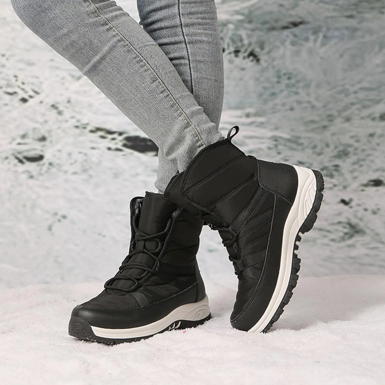 Fall Boots Womens Winter Fashion Snow Boots Lace Up Lug Sole Non Slip Waterproof Hiking Boot