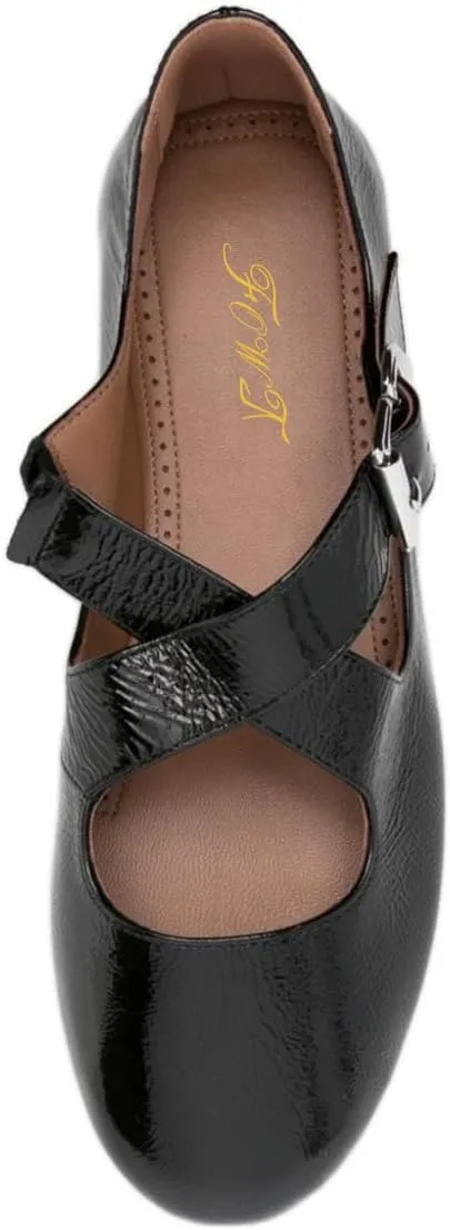 FOWT Women Crisscross Strap Buckle Closed Round Toe Ballet Flats Stylish Party Date Ballroom Dance Comfy Mary Jane Shoes Size 4-16 US
