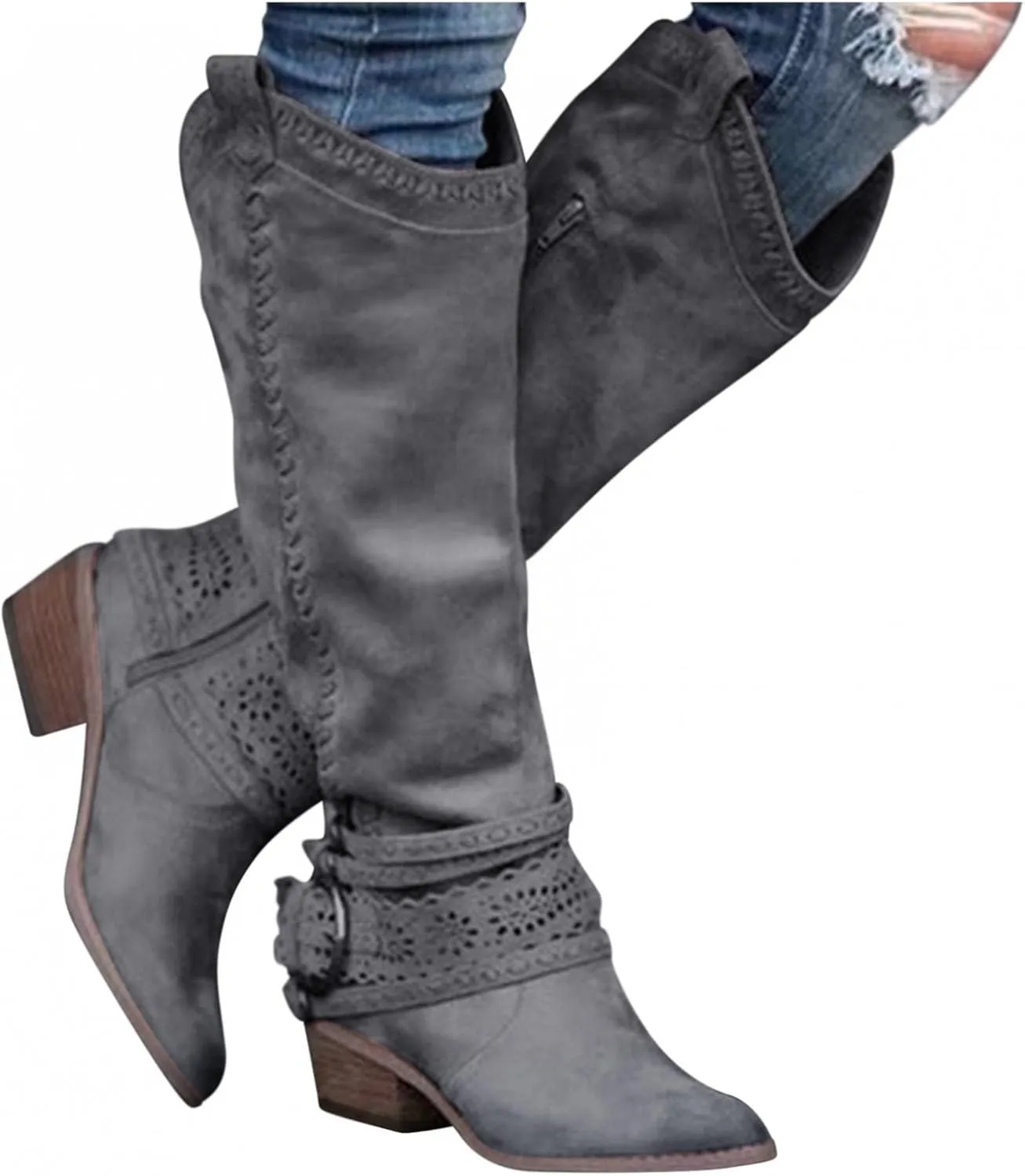 Gibobby Boots for Womens Mid Knee High Boots Chunky Heel Wide Calf Side Zip Fashion Winter Cowboy Booties