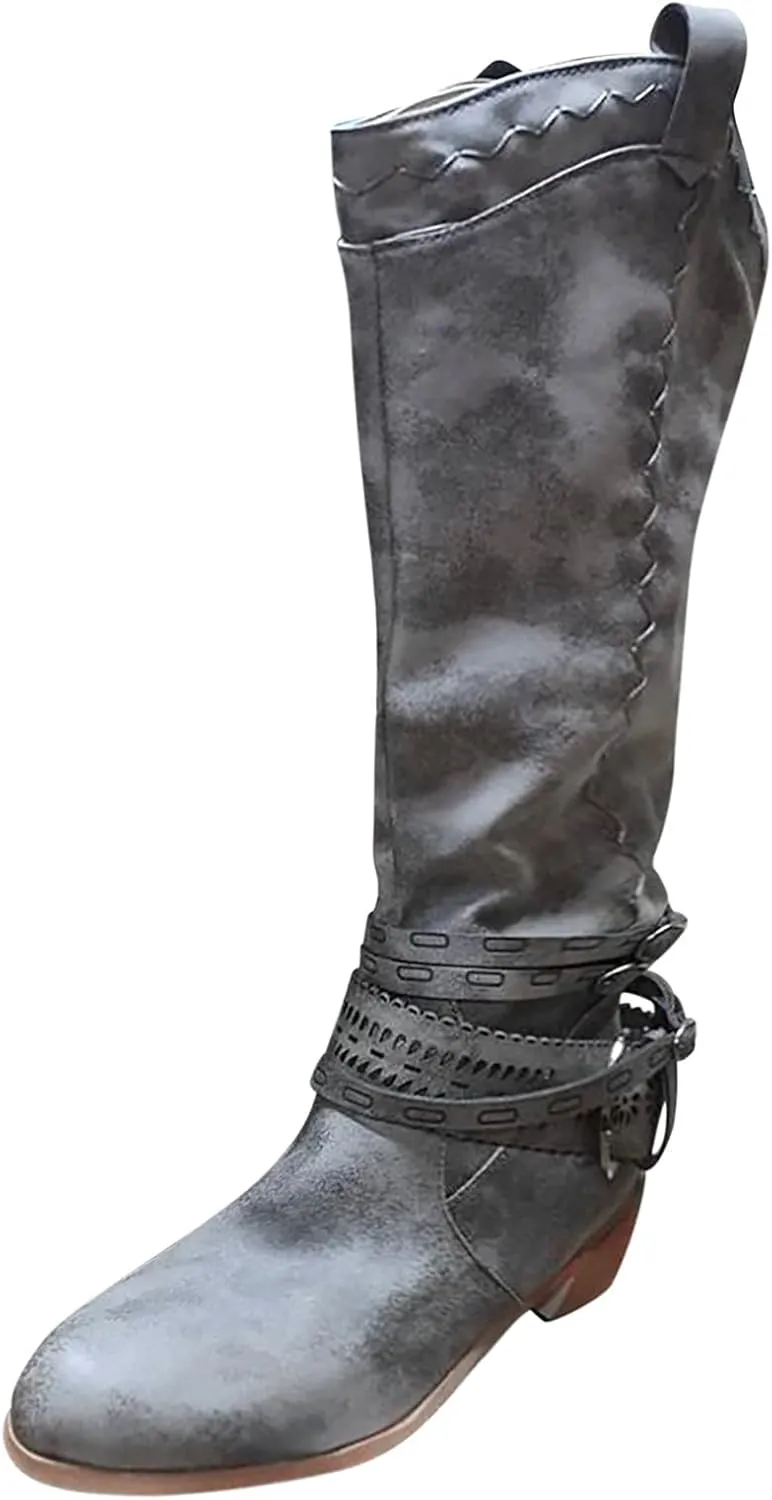 Gibobby Cowboy Boots for Women Sunflowers Embroidery Boots Retro Square Toe Pull On Boots Chunky Heel Western Mid Calf Shoes 52