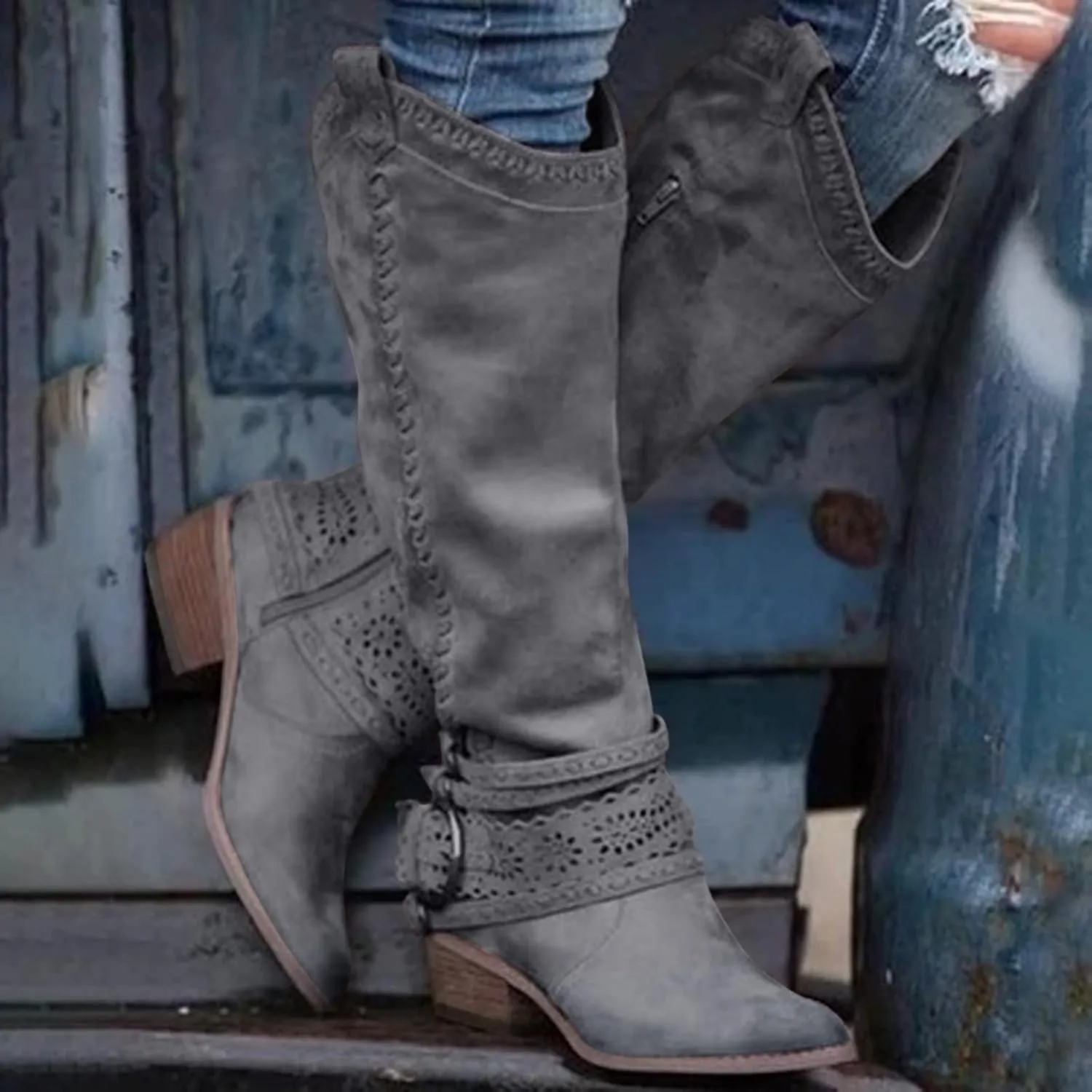 Gibobby Cowboy Boots for Women Sunflowers Embroidery Boots Retro Square Toe Pull On Boots Chunky Heel Western Mid Calf Shoes 52