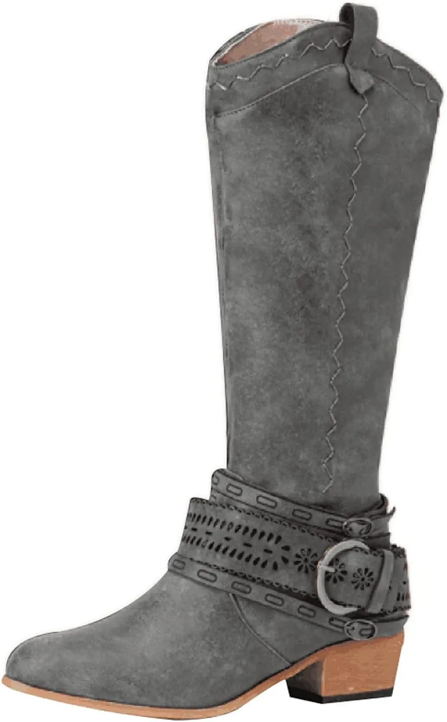 Gibobby Cowboy Boots for Women Sunflowers Embroidery Boots Retro Square Toe Pull On Boots Chunky Heel Western Mid Calf Shoes 52