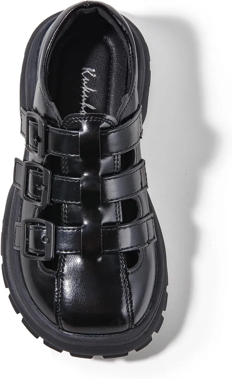 Girls Patent Leather Platform Loafers, Triple Buckle Strap, Black