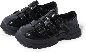 Girls Patent Leather Platform Loafers, Triple Buckle Strap, Black