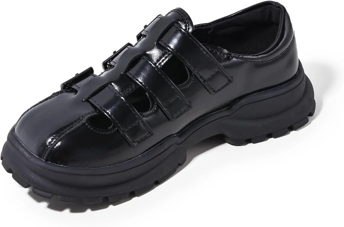 Girls Patent Leather Platform Loafers, Triple Buckle Strap, Black
