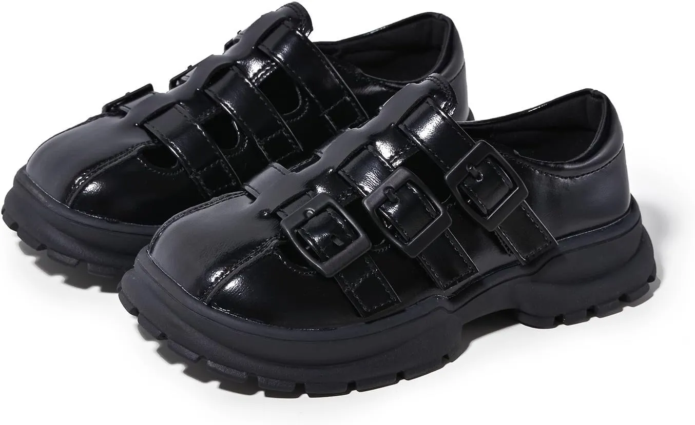 Girls Patent Leather Platform Loafers, Triple Buckle Strap, Black
