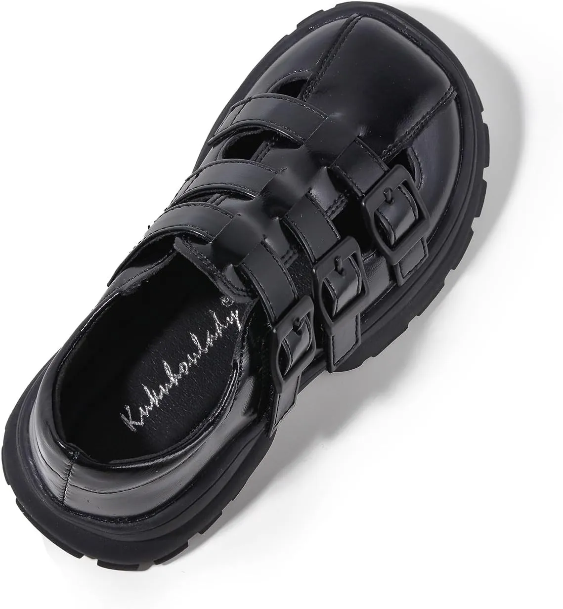 Girls Patent Leather Platform Loafers, Triple Buckle Strap, Black