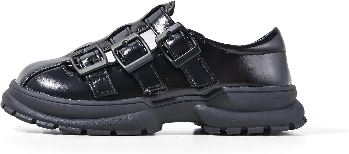 Girls Patent Leather Platform Loafers, Triple Buckle Strap, Black