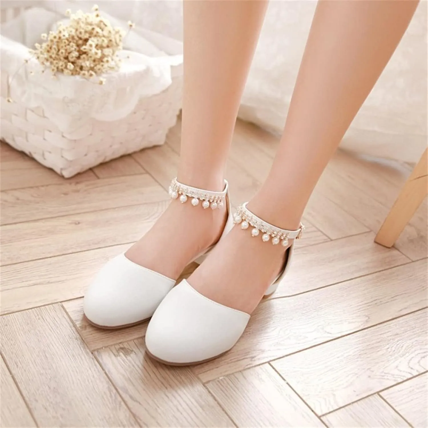 Girl's Pumps Mary Jane Dress Shoes Low Heel Dress Pearls Flower Girl Wedding Party Shoes Toddler Sandals