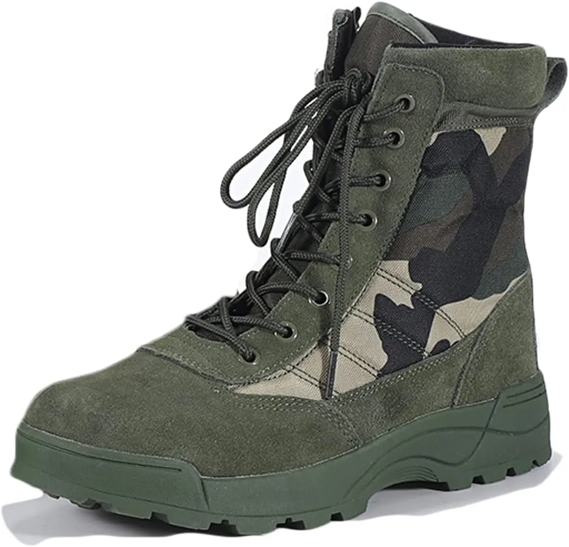 HARGLESMAN Mens Military Tactical Work Boots Side Zipper Leather Motorcycle Combat Boots