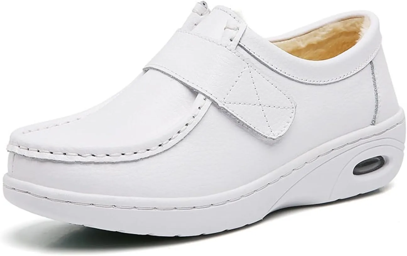 Healthcare Leather Nurse Shoes, Women's Winter Fleece Non-Slip Adjustable Soft Leather Nurse Shoes, Anti Slip Air Cushion Orthopedic Nursing Work Shoes, for Nurse Work