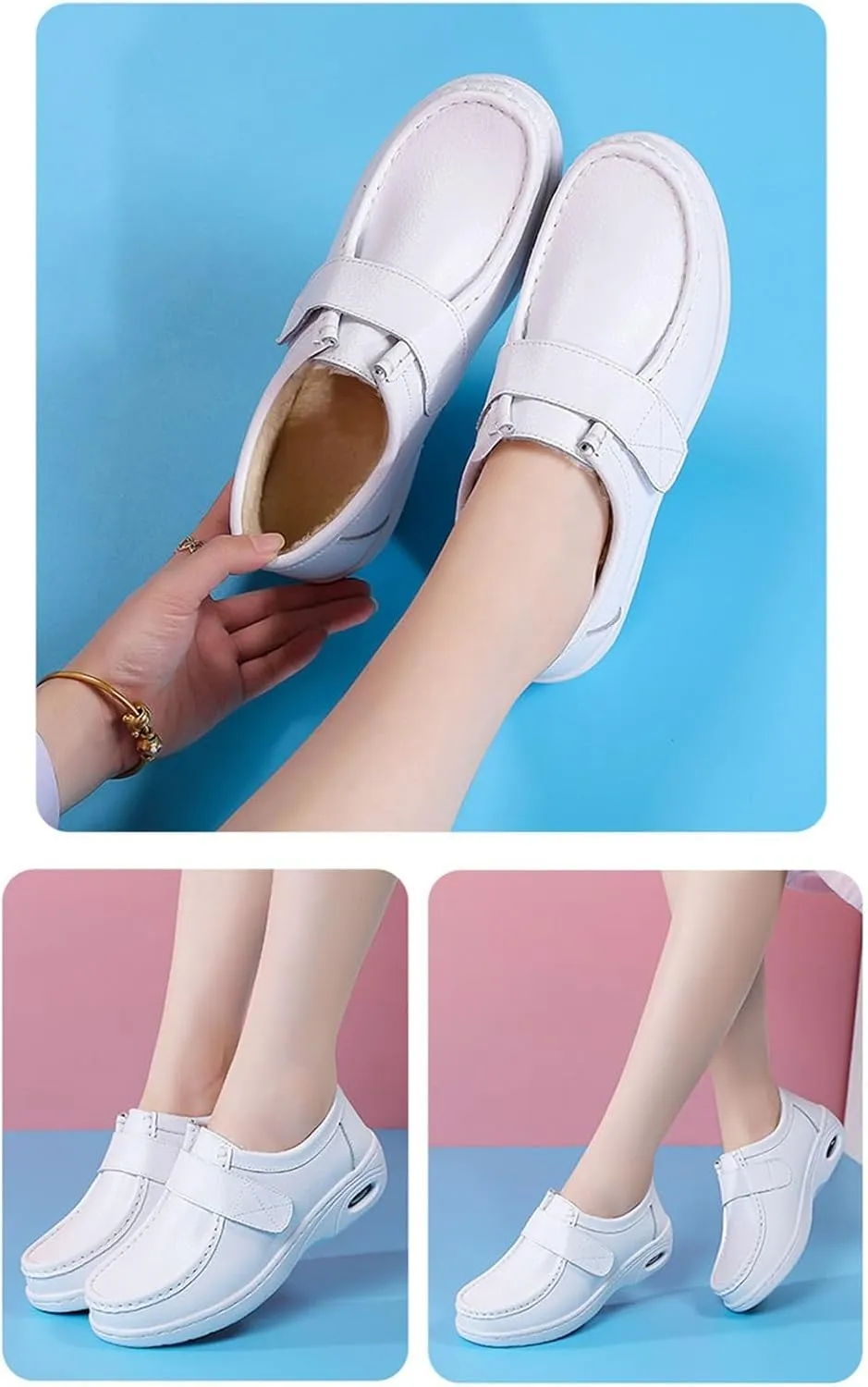 Healthcare Leather Nurse Shoes, Women's Winter Fleece Non-Slip Adjustable Soft Leather Nurse Shoes, Anti Slip Air Cushion Orthopedic Nursing Work Shoes, for Nurse Work