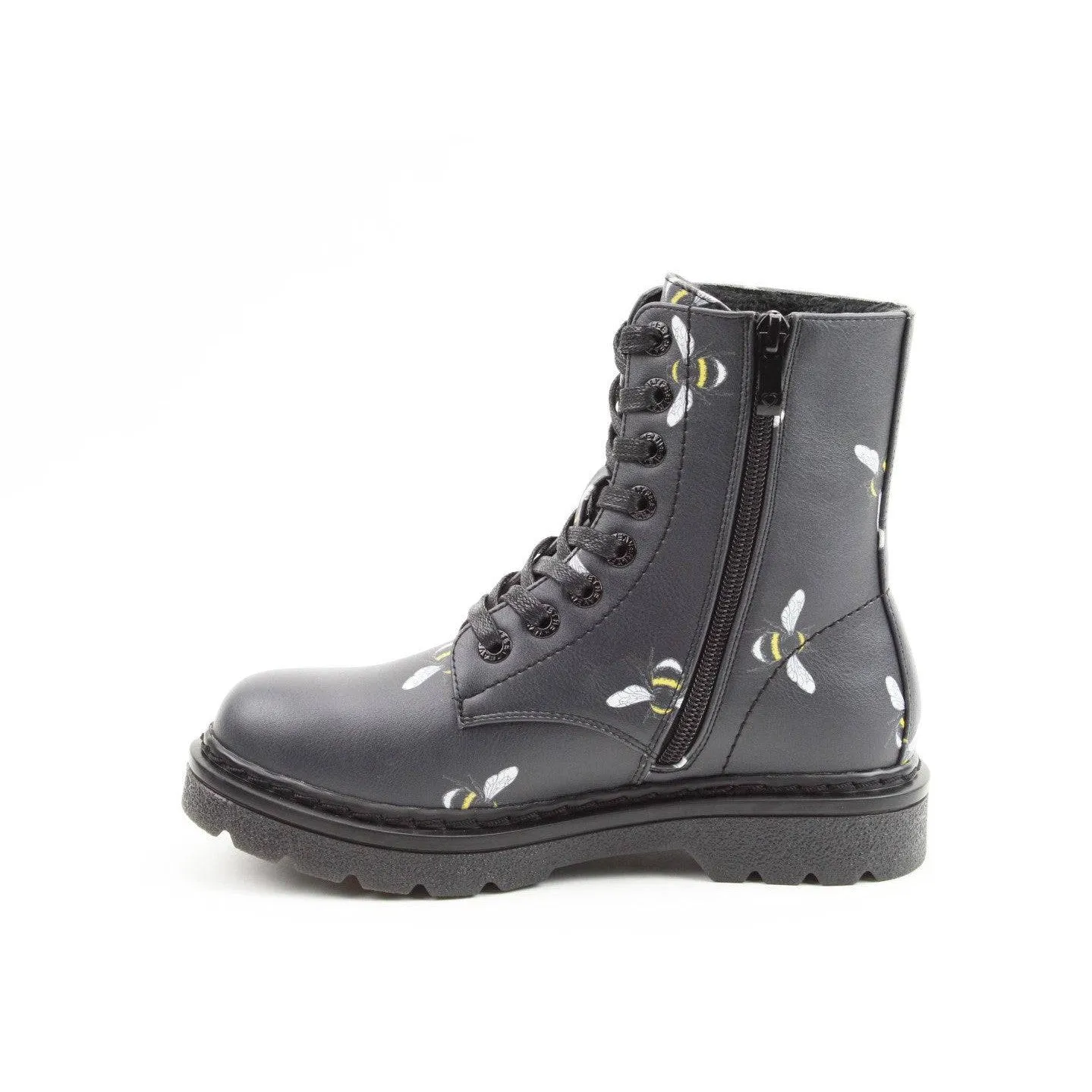 Heavenly Feet Justina 2 Bee Print Ladies Black Vegan Zip & Lace Ankle Boots