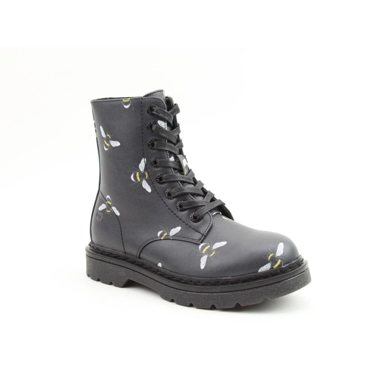 Heavenly Feet Justina 2 Bee Print Ladies Black Vegan Zip & Lace Ankle Boots