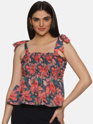 IS.U Floral Multicolor Tie-Up Peplum Top