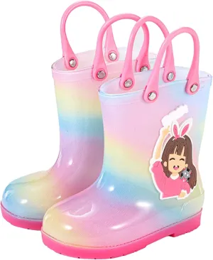 Kids Rain Boots For Girls Toddler Shoes For Rainy Days Rubber Cute Girls Printed With Easy On Handles Toddler on Boots