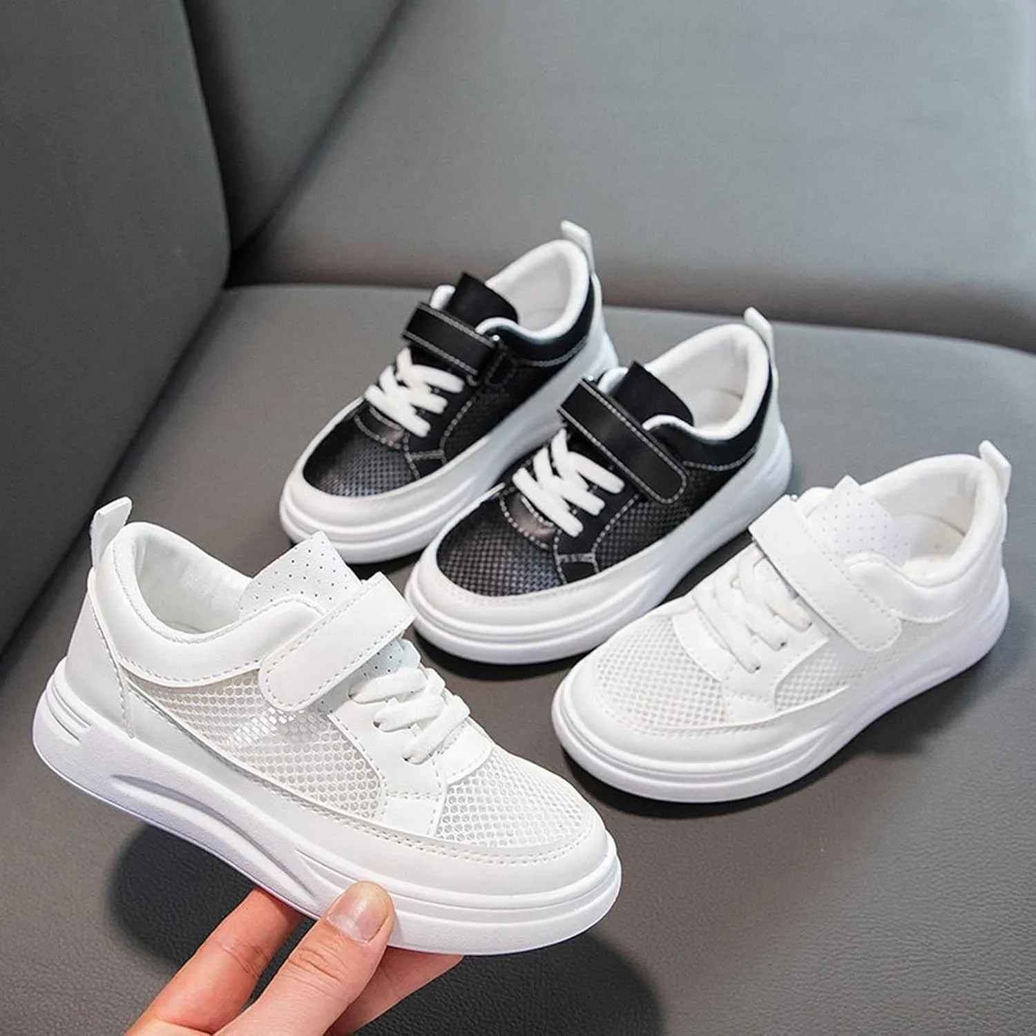 Kids' Simple Strap Leather Sneakers Toddler Casual Athletic Mesh Shoes for Boys and Girls Durable and Comfortable Fit