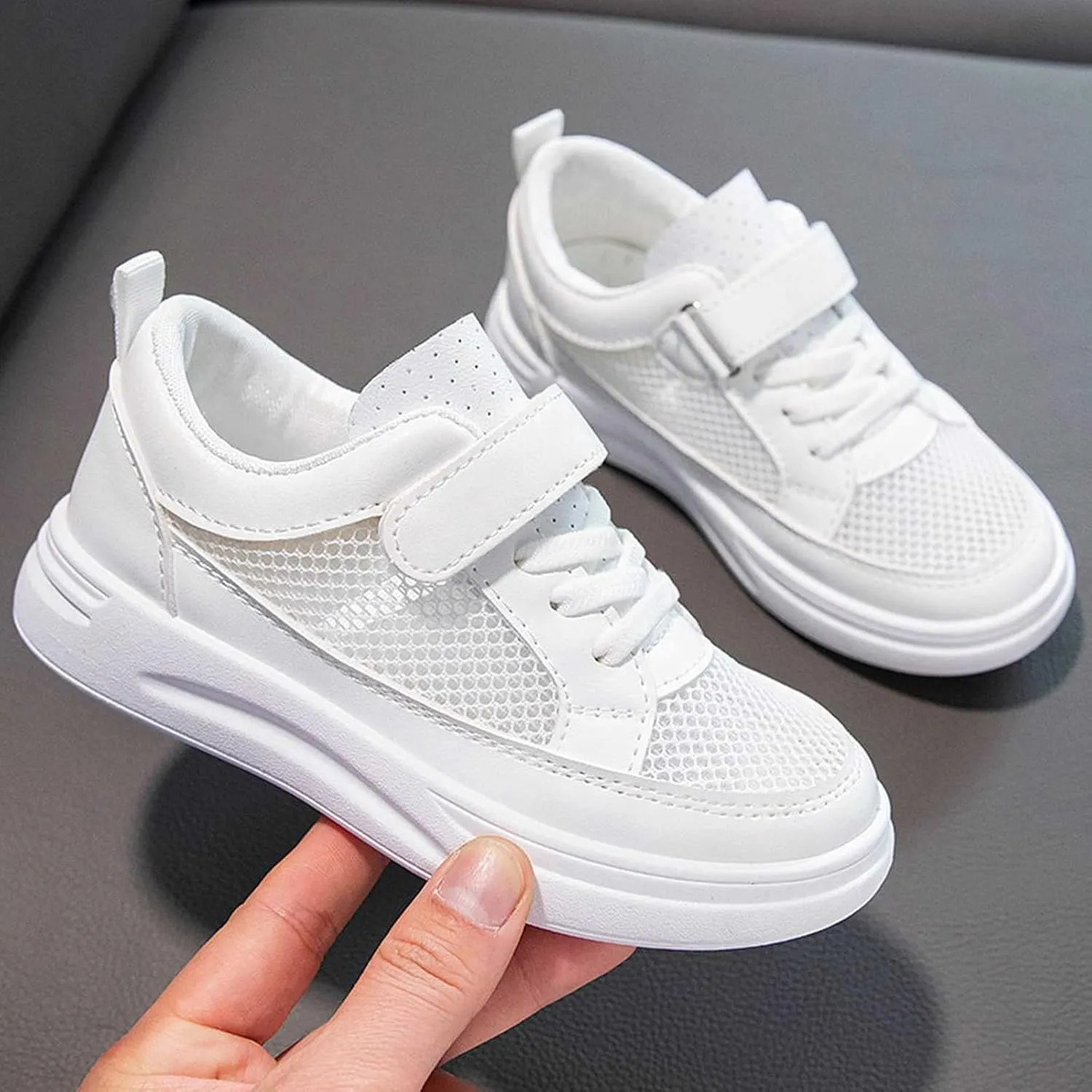 Kids' Simple Strap Leather Sneakers Toddler Casual Athletic Mesh Shoes for Boys and Girls Durable and Comfortable Fit