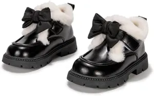 Kids Winter Mary Jane Loafers, Plush Lined, Brown PU Leather with Bow, TPR Sole