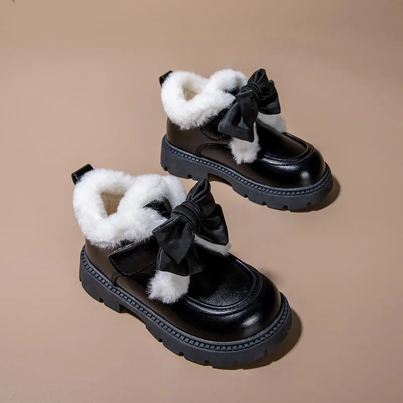 Kids Winter Mary Jane Loafers, Plush Lined, Brown PU Leather with Bow, TPR Sole