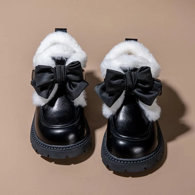 Kids Winter Mary Jane Loafers, Plush Lined, Brown PU Leather with Bow, TPR Sole