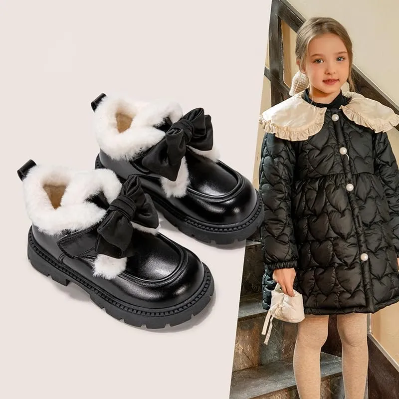 Kids Winter Mary Jane Loafers, Plush Lined, Brown PU Leather with Bow, TPR Sole