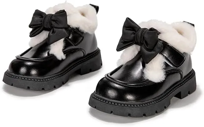 Kids Winter Mary Jane Loafers, Plush Lined, Brown PU Leather with Bow, TPR Sole
