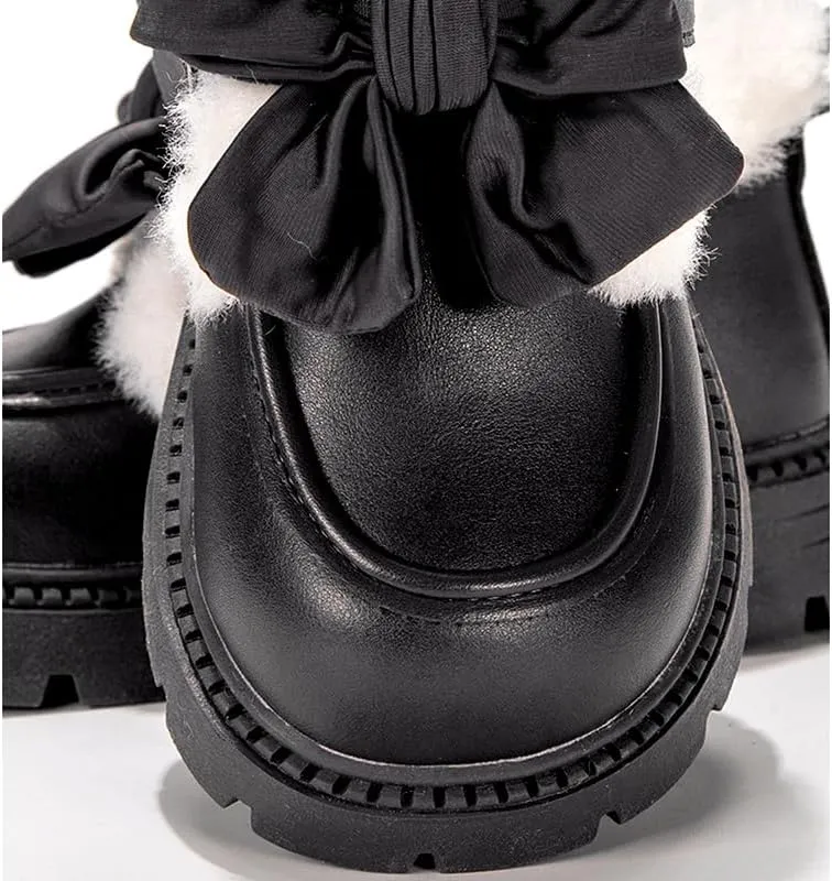 Kids Winter Mary Jane Loafers, Plush Lined, Brown PU Leather with Bow, TPR Sole