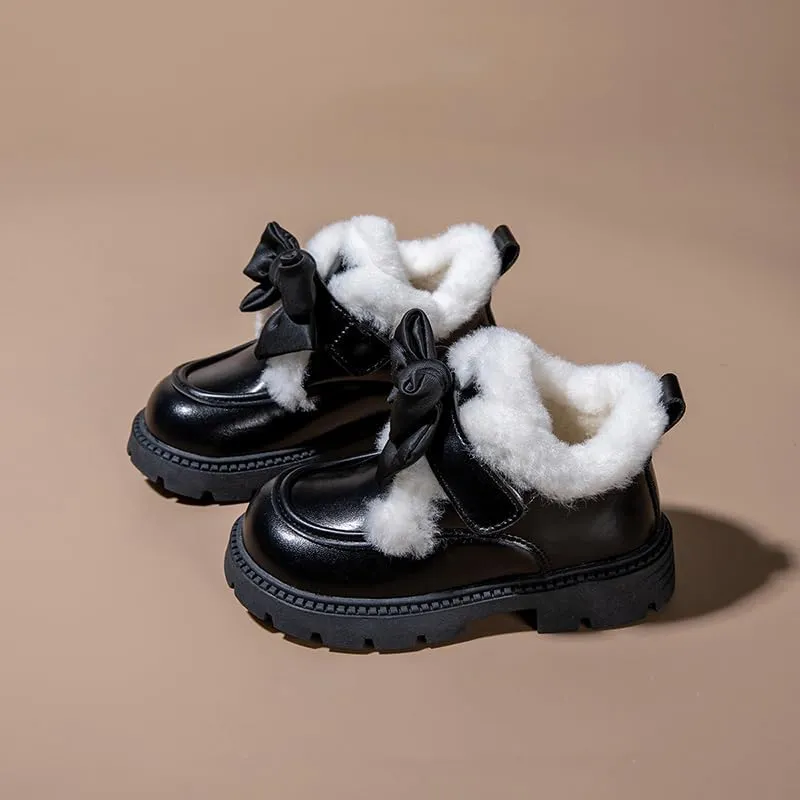 Kids Winter Mary Jane Loafers, Plush Lined, Brown PU Leather with Bow, TPR Sole