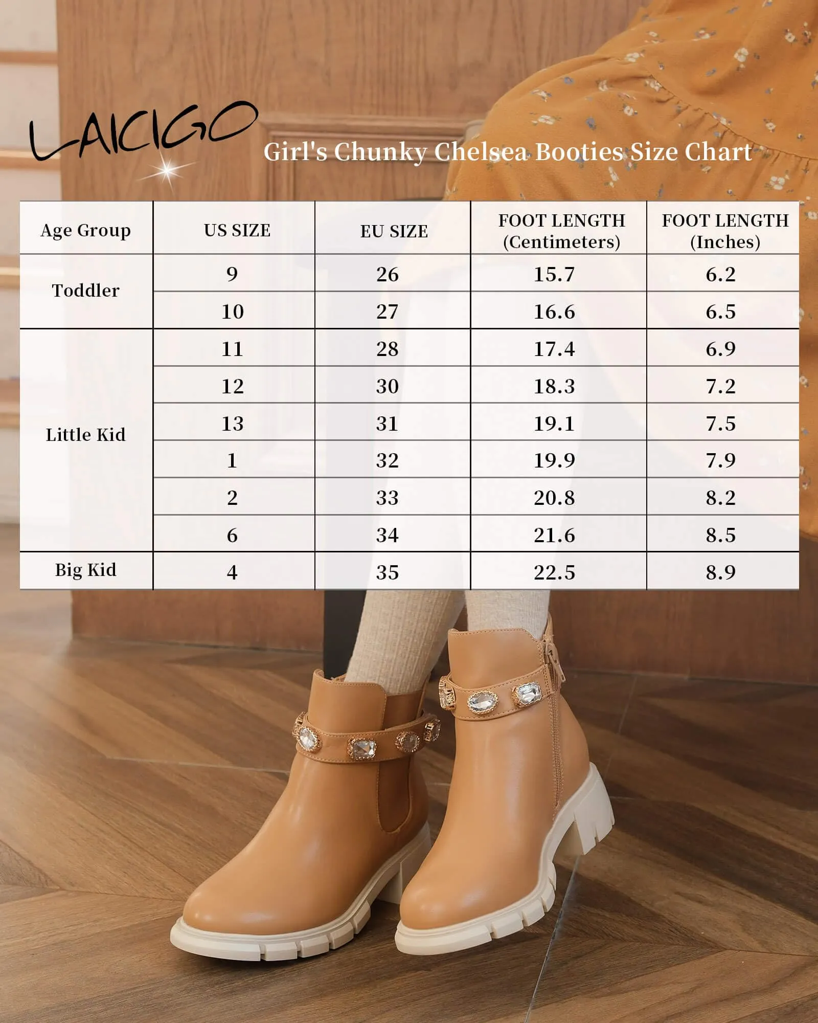 LAICIGO Girl's Lug Sole Ankle Boots Platform Chunky Heel Round Toe Non-Slip Zipper Chelsea Booties