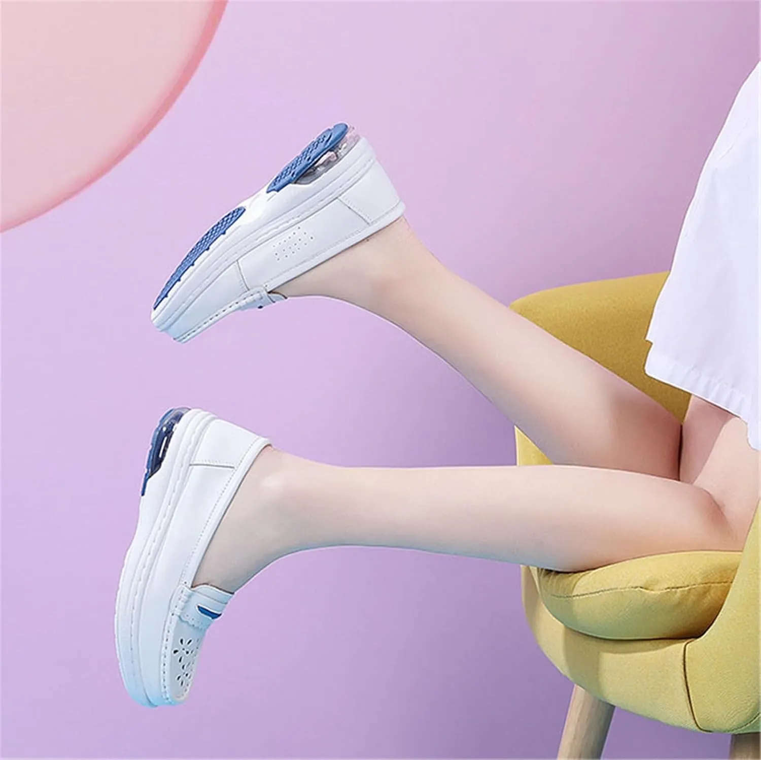 Lightweight Comfortable Nurse Shoes, Women's Slip-On Breathable Hollow Out Soft Bottom Leather Nurse Shoes, Fashionable Platform Orthopedic Slip Resistant Non Tiring Feet