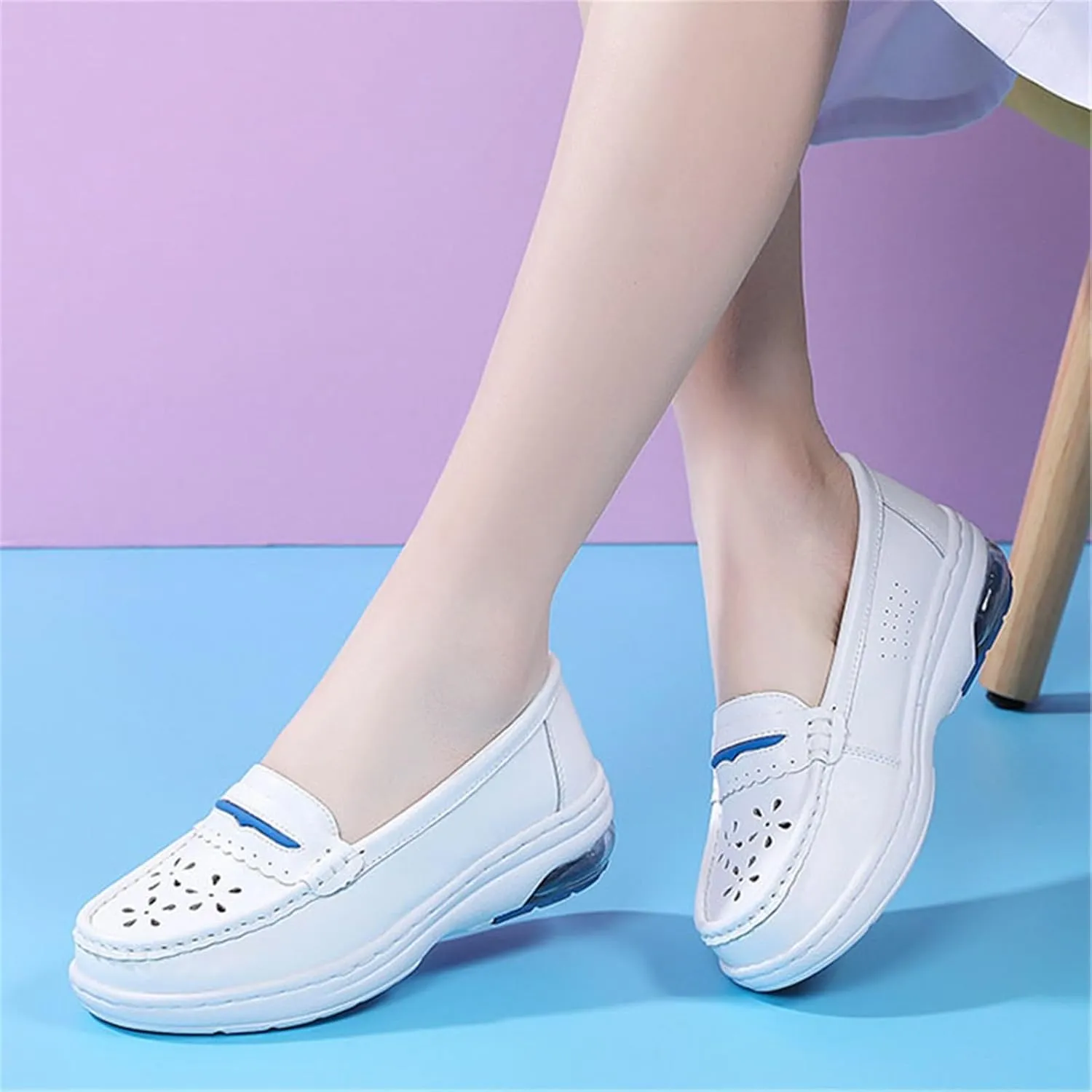 Lightweight Comfortable Nurse Shoes, Women's Slip-On Breathable Hollow Out Soft Bottom Leather Nurse Shoes, Fashionable Platform Orthopedic Slip Resistant Non Tiring Feet