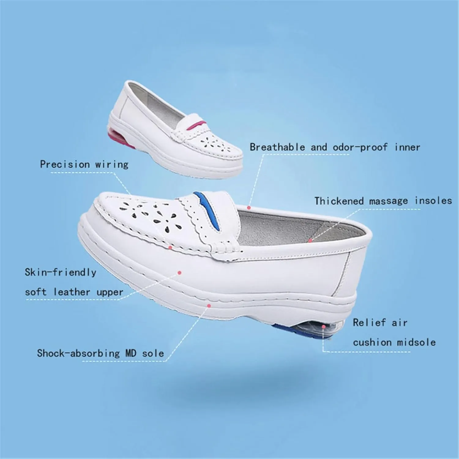 Lightweight Comfortable Nurse Shoes, Women's Slip-On Breathable Hollow Out Soft Bottom Leather Nurse Shoes, Fashionable Platform Orthopedic Slip Resistant Non Tiring Feet
